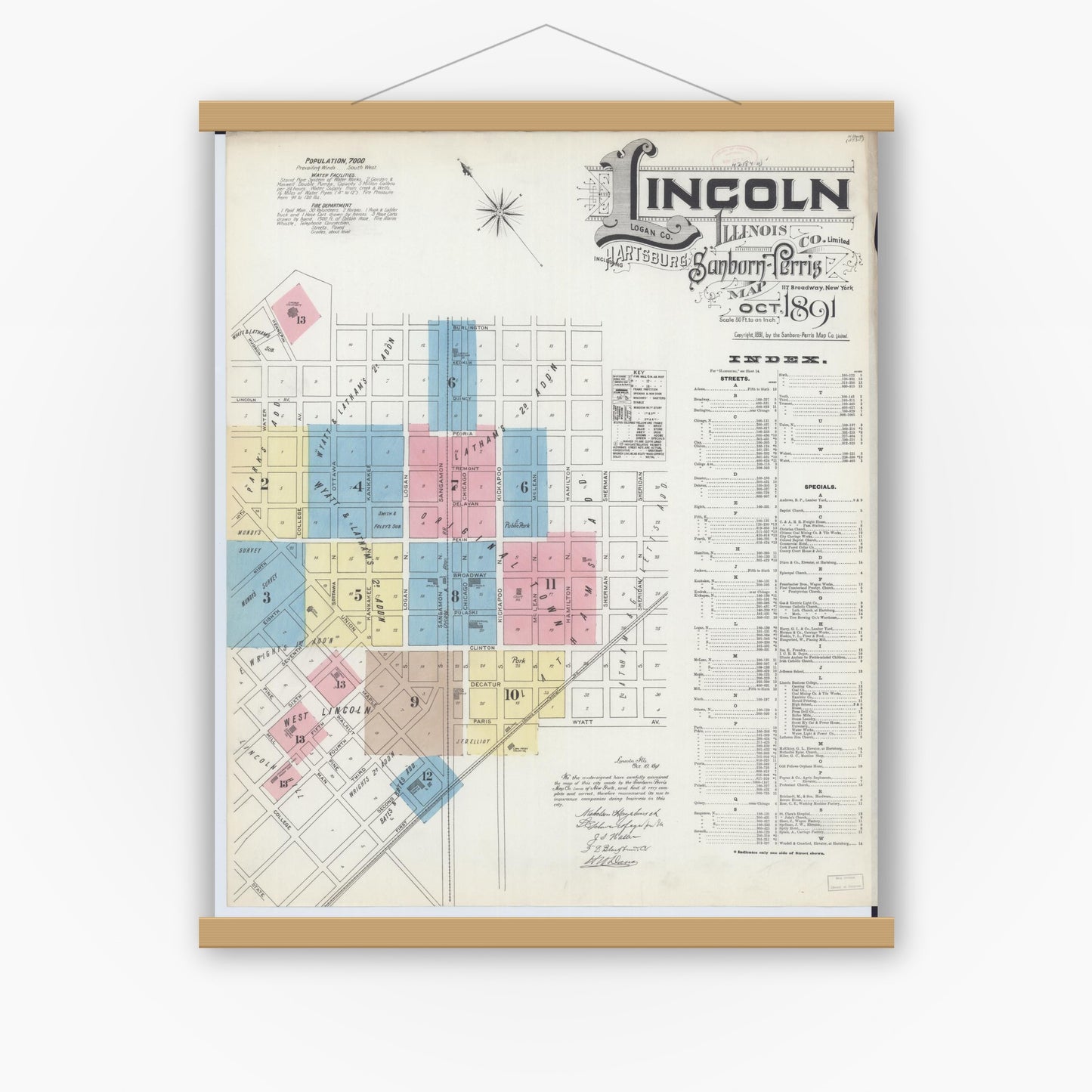 Old map wall art mockup — magnetic wood frame on white wall — Sanborn Fire Insurance Map from Lincoln, Logan County, Illinois (1891) - Complete Map Set