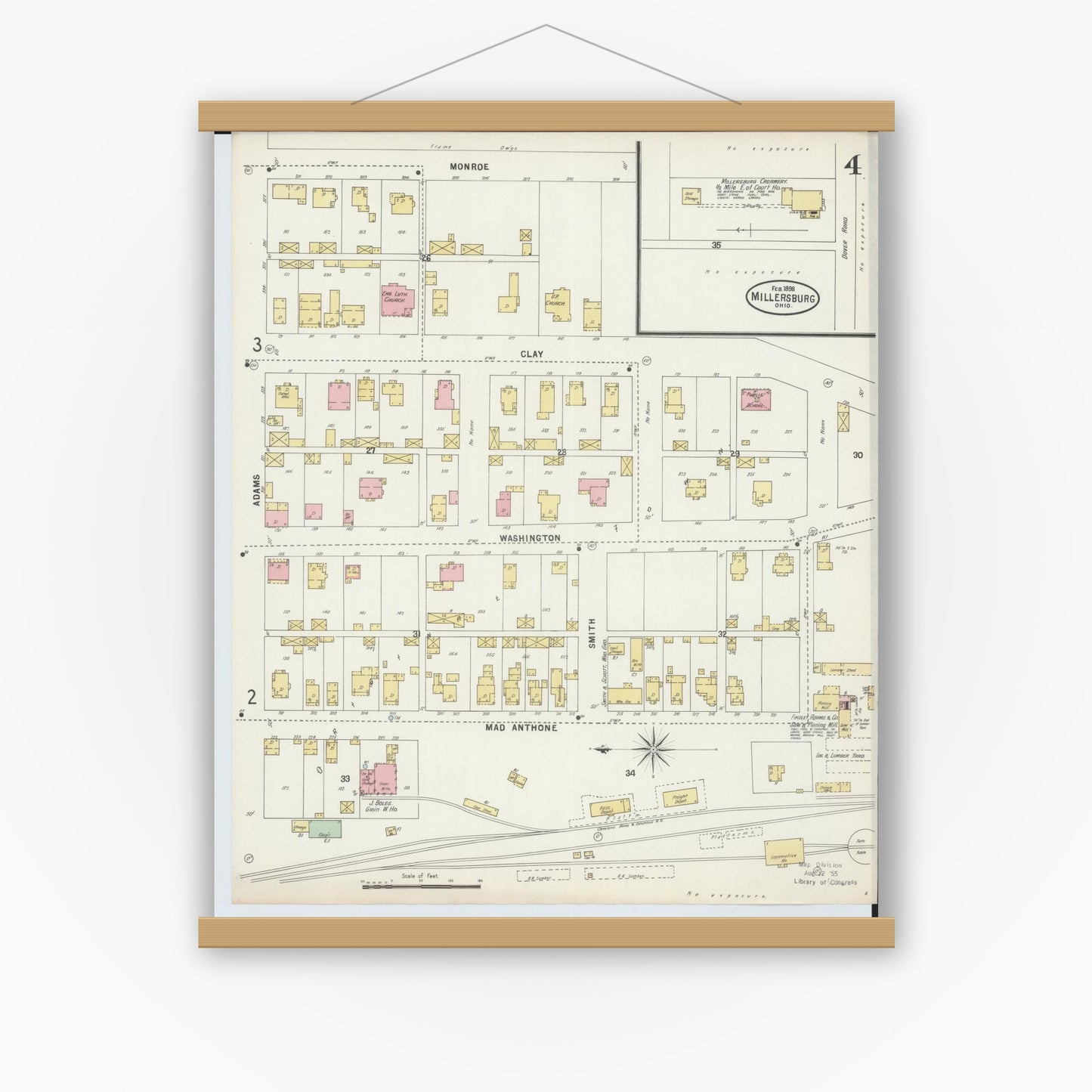 Old map wall art mockup — magnetic wood frame on white wall — Sanborn Fire Insurance Map from Millersburg, Holmes County, Ohio (1898), Sheet #0004