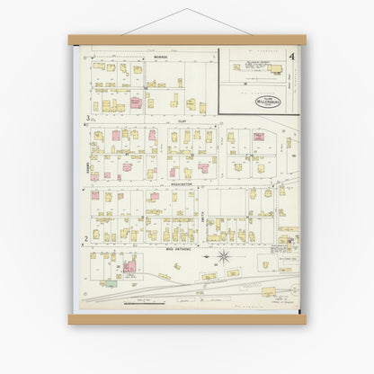 Old map wall art mockup — magnetic wood frame on white wall — Sanborn Fire Insurance Map from Millersburg, Holmes County, Ohio (1898), Sheet #0004