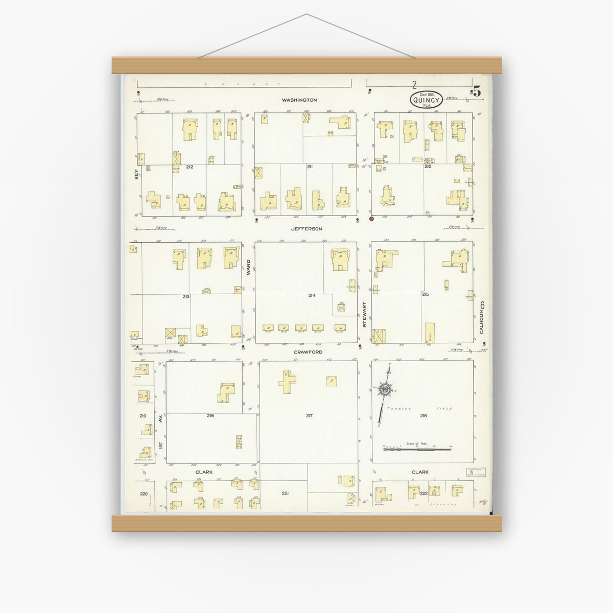 Old map wall art mockup — magnetic wood frame on white wall — Sanborn Fire Insurance Map from Quincy, Gadsden County, Florida (1913), Sheet #0005