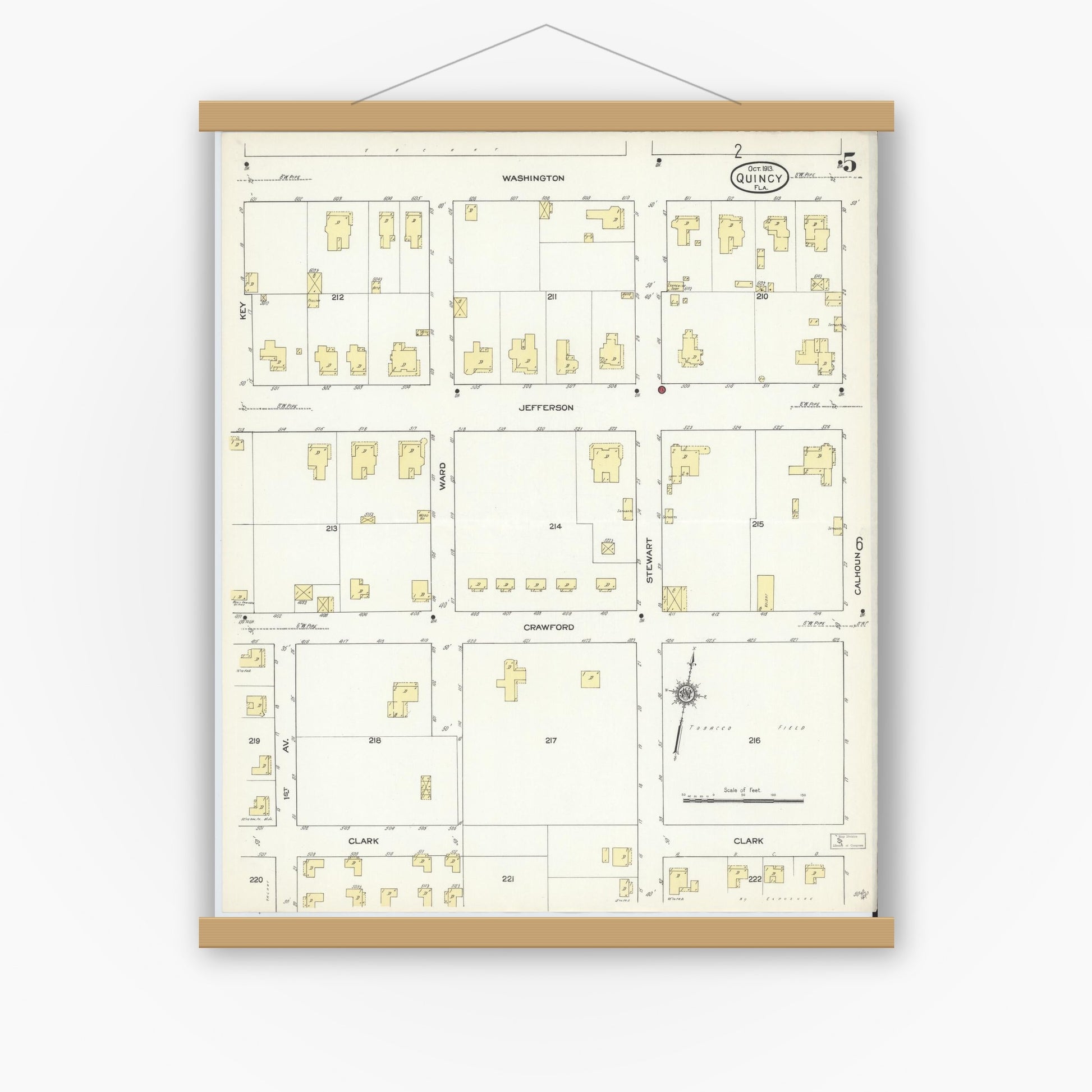 Old map wall art mockup — magnetic wood frame on white wall — Sanborn Fire Insurance Map from Quincy, Gadsden County, Florida (1913), Sheet #0005