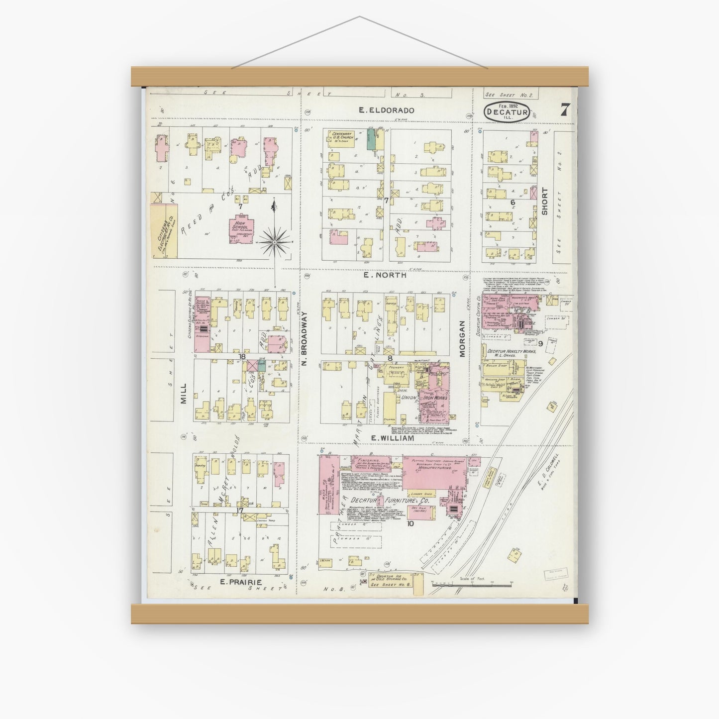 Old map wall art mockup — magnetic wood frame on white wall — Sanborn Fire Insurance Map from Decatur, Macon County, Illinois (1892), Sheet #0007
