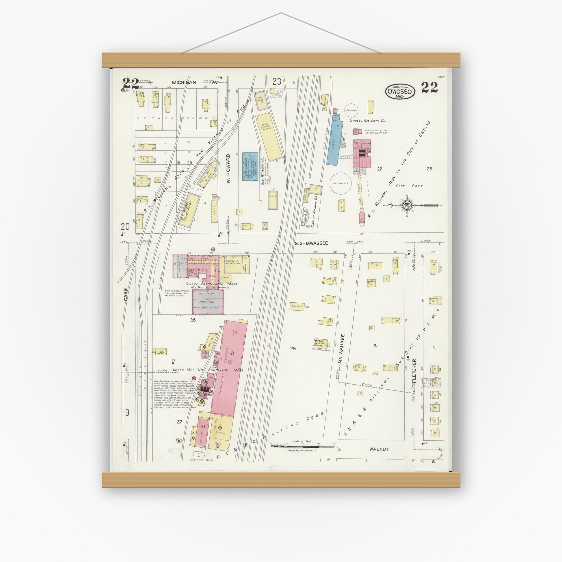 Old map wall art mockup — magnetic wood frame on white wall — Sanborn Fire Insurance Map from Owosso, Shiawassee County, Michigan (1924), Sheet #0022