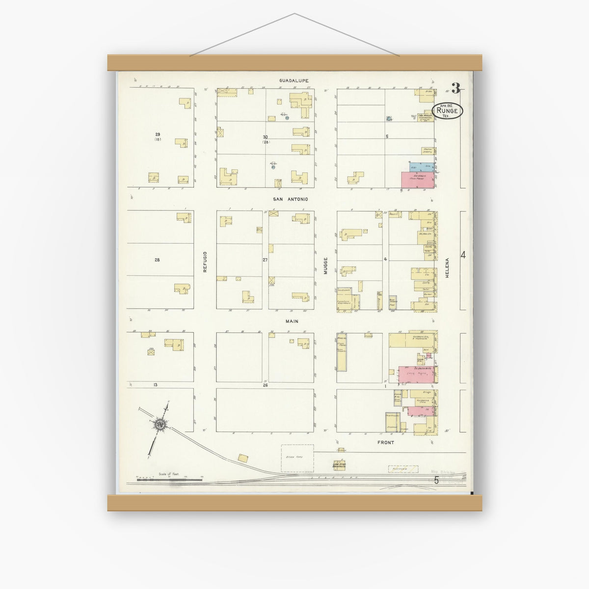 Old map wall art mockup — magnetic wood frame on white wall — Sanborn Fire Insurance Map from Runge, Karnes County, Texas (1912), Sheet #0003