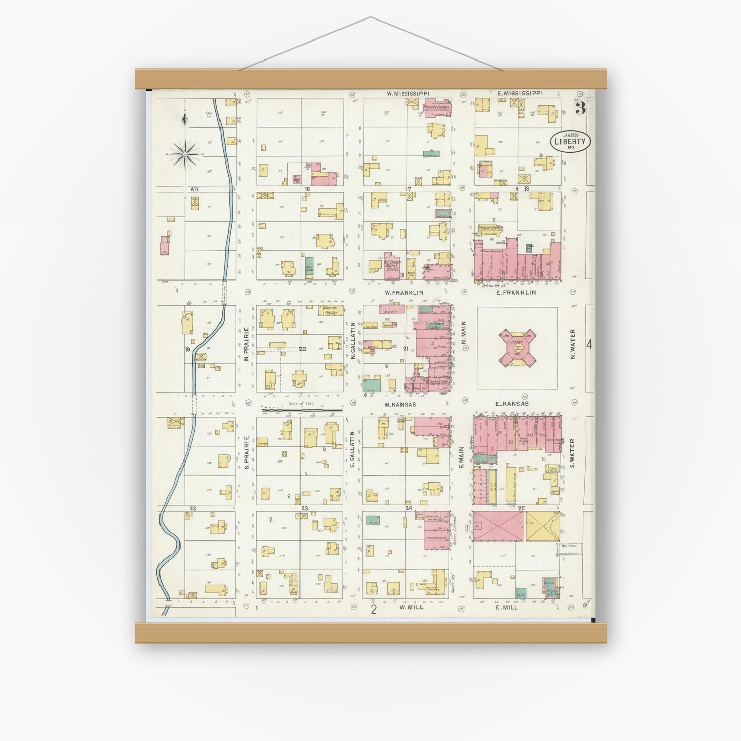 Old map wall art mockup — magnetic wood frame on white wall — Sanborn Fire Insurance Map from Liberty, Clay County, Missouri (1899), Sheet #0003