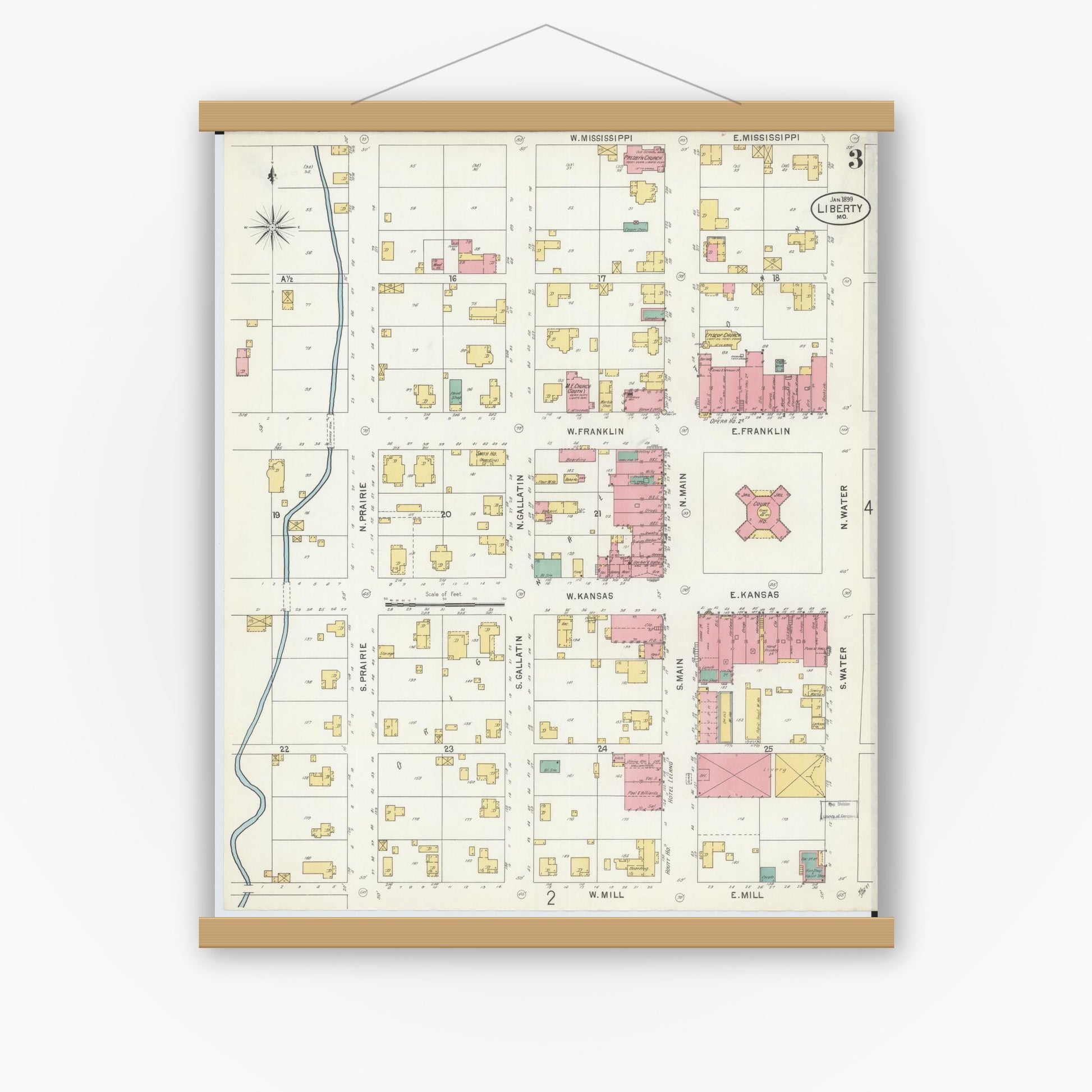 Old map wall art mockup — magnetic wood frame on white wall — Sanborn Fire Insurance Map from Liberty, Clay County, Missouri (1899), Sheet #0003