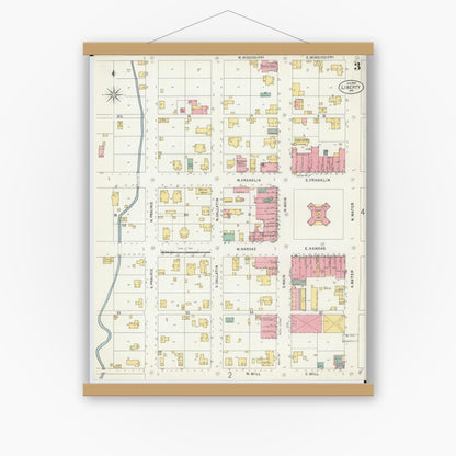 Old map wall art mockup — magnetic wood frame on white wall — Sanborn Fire Insurance Map from Liberty, Clay County, Missouri (1899), Sheet #0003
