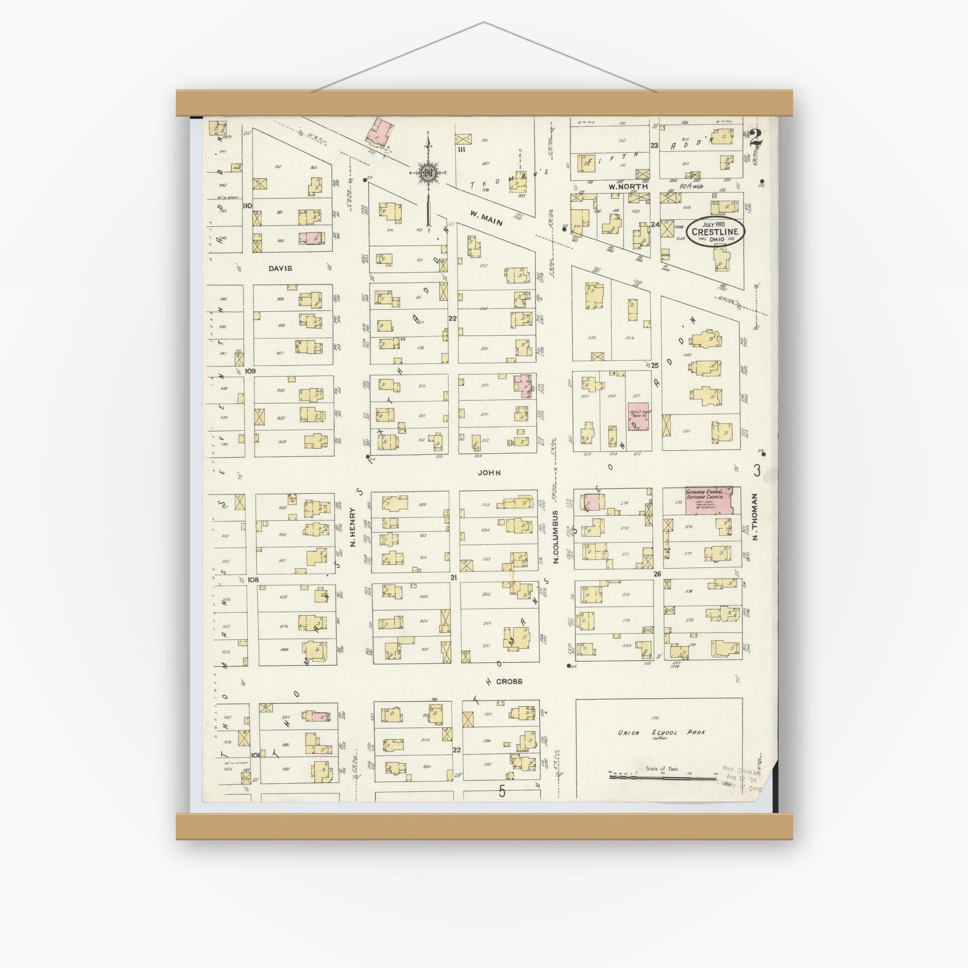 Old map wall art mockup — magnetic wood frame on white wall — Sanborn Fire Insurance Map from Crestline, Crawford County, Ohio (1910), Sheet #0002