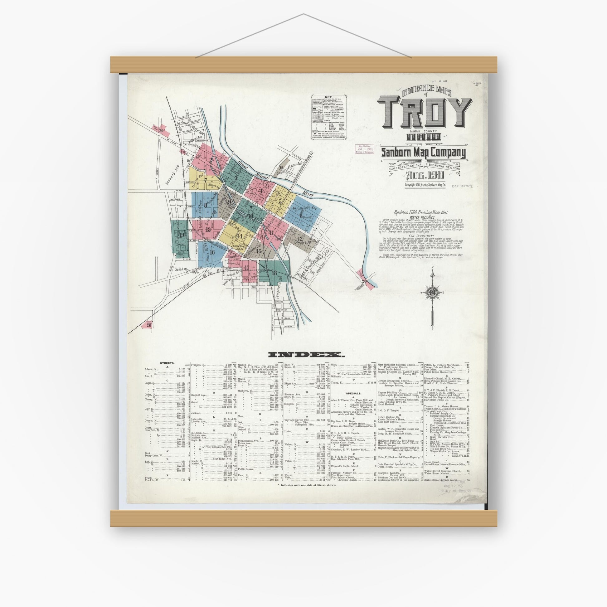 Old map wall art mockup — magnetic wood frame on white wall — Sanborn Fire Insurance Map from Troy, Miami County, Ohio (1911), Sheet #0001