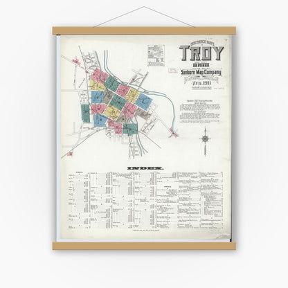 Old map wall art mockup — magnetic wood frame on white wall — Sanborn Fire Insurance Map from Troy, Miami County, Ohio (1911), Sheet #0001