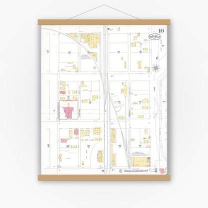 Old map wall art mockup — magnetic wood frame on white wall — Sanborn Fire Insurance Map from Marysville, Yuba County, California (1909), Sheet #0010