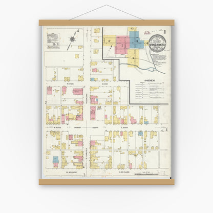 Old map wall art mockup — magnetic wood frame on white wall — Sanborn Fire Insurance Map from New Bloomfield, Perry County, Pennsylvania (1911), Sheet #0001