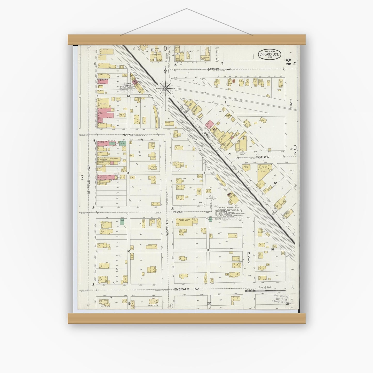 Old map wall art mockup — magnetic wood frame on white wall — Sanborn Fire Insurance Map from Chicago Junction, Huron County, Ohio (1899), Sheet #0002