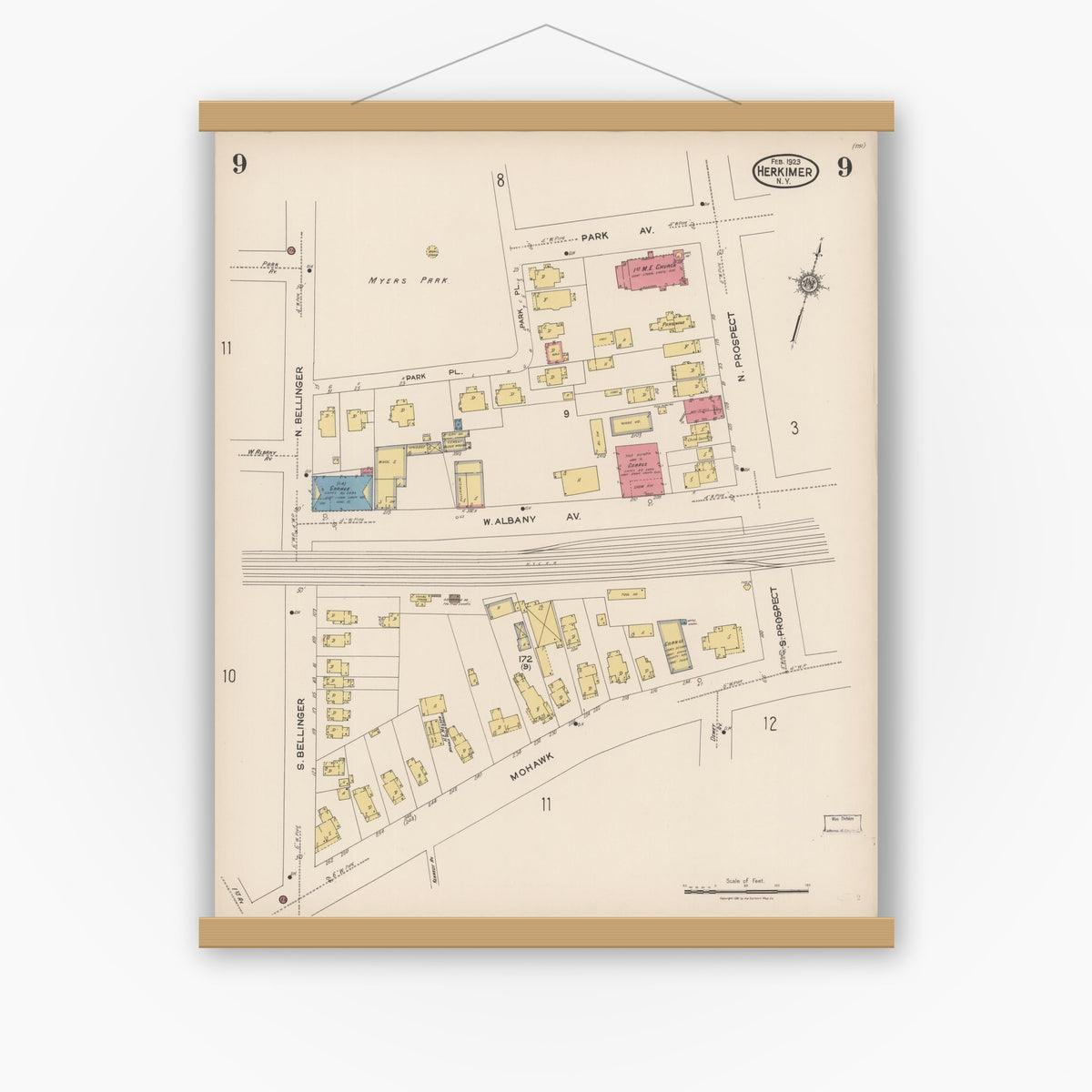 Old map wall art mockup — magnetic wood frame on white wall — Sanborn Fire Insurance Map from Herkimer, Herkimer County, New York (1923), Sheet #0009