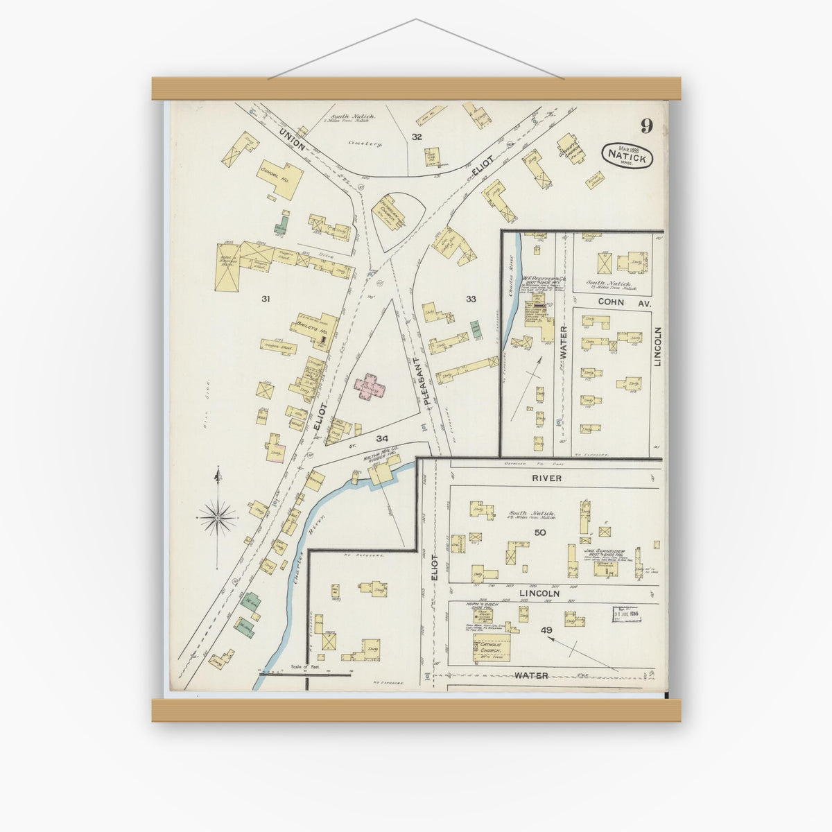 Old map wall art mockup — magnetic wood frame on white wall — Sanborn Fire Insurance Map from Natick, Middlesex County, Massachusetts (1888), Sheet #0009
