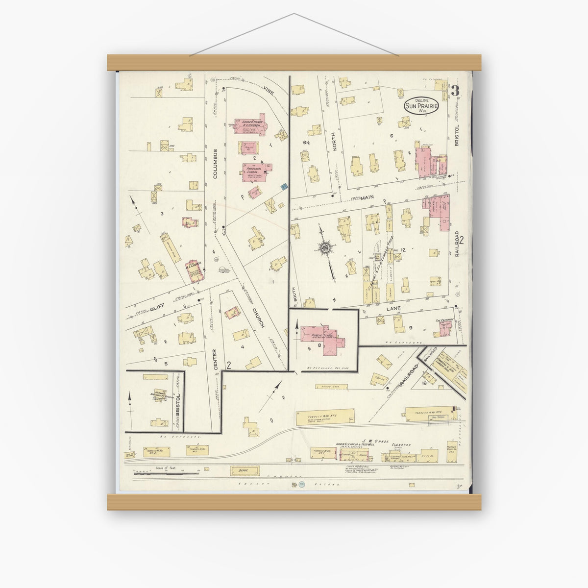 Old map wall art mockup — magnetic wood frame on white wall — Sanborn Fire Insurance Map from Sun Prairie, Dane County, Wisconsin (1912), Sheet #0003