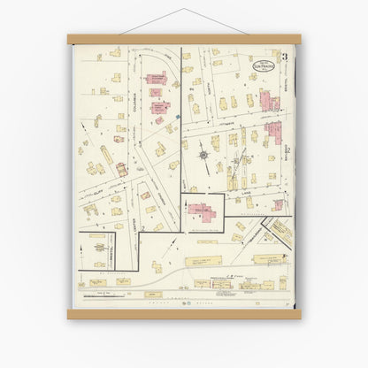 Old map wall art mockup — magnetic wood frame on white wall — Sanborn Fire Insurance Map from Sun Prairie, Dane County, Wisconsin (1912), Sheet #0003