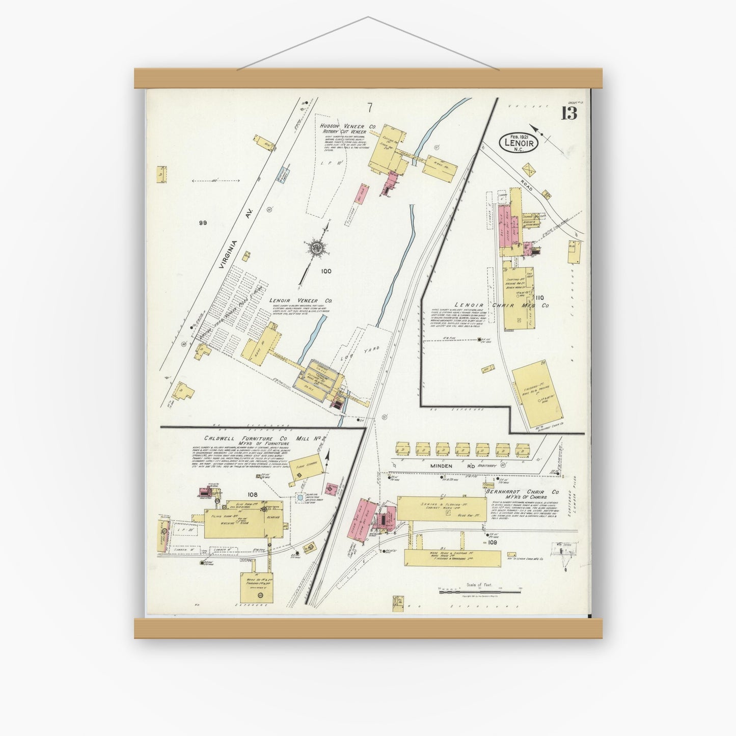 Old map wall art mockup — magnetic wood frame on white wall — Sanborn Fire Insurance Map from Lenoir, Caldwell County, North Carolina (1921), Sheet #0013