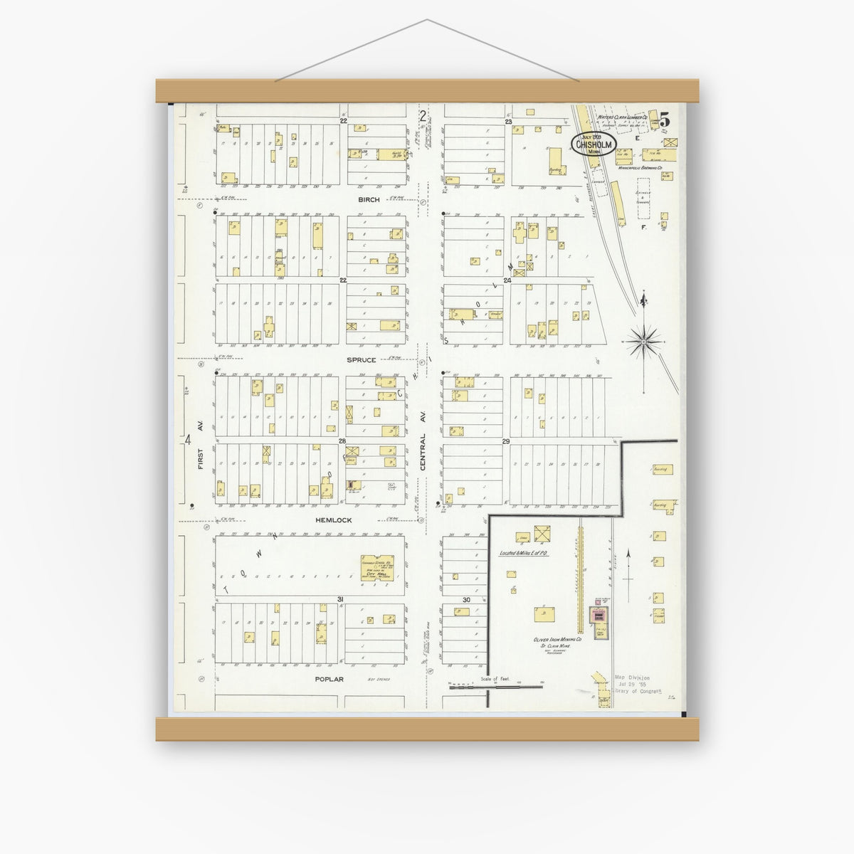 Old map wall art mockup — magnetic wood frame on white wall — Sanborn Fire Insurance Map from Chisholm, Saint Louis County, Minnesota (1909), Sheet #0005