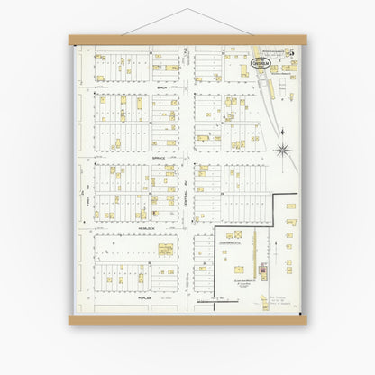 Old map wall art mockup — magnetic wood frame on white wall — Sanborn Fire Insurance Map from Chisholm, Saint Louis County, Minnesota (1909), Sheet #0005