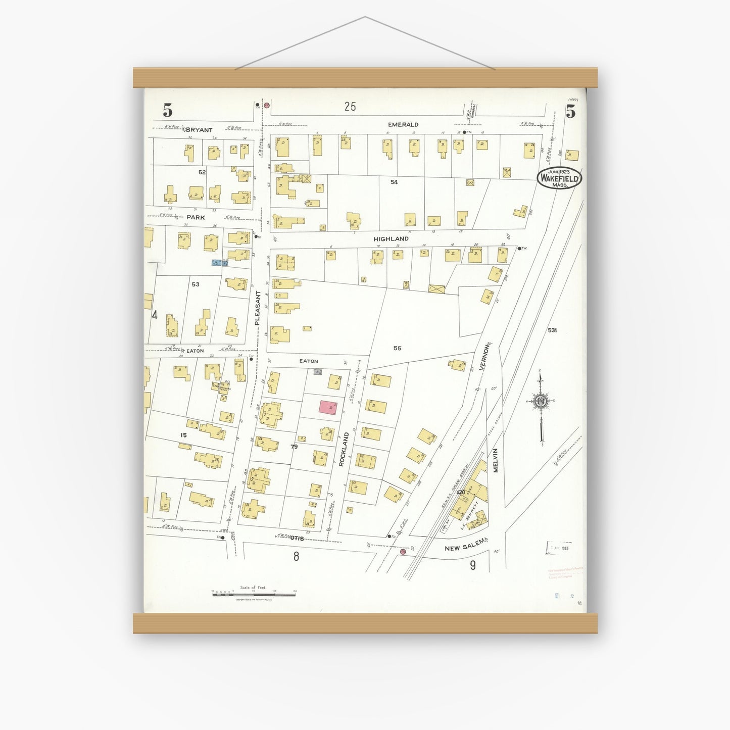 Old map wall art mockup — magnetic wood frame on white wall — Sanborn Fire Insurance Map from Wakefield, Middlesex County, Massachusetts (1923), Sheet #0005