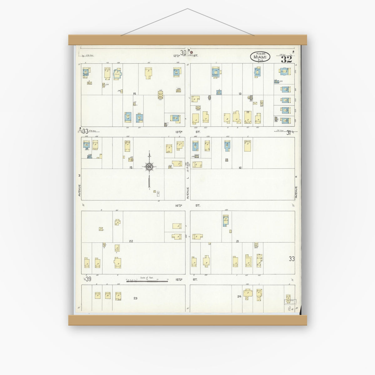 Old map wall art mockup — magnetic wood frame on white wall — Sanborn Fire Insurance Map from Miami, Dade County, Florida (1914), Sheet #0032