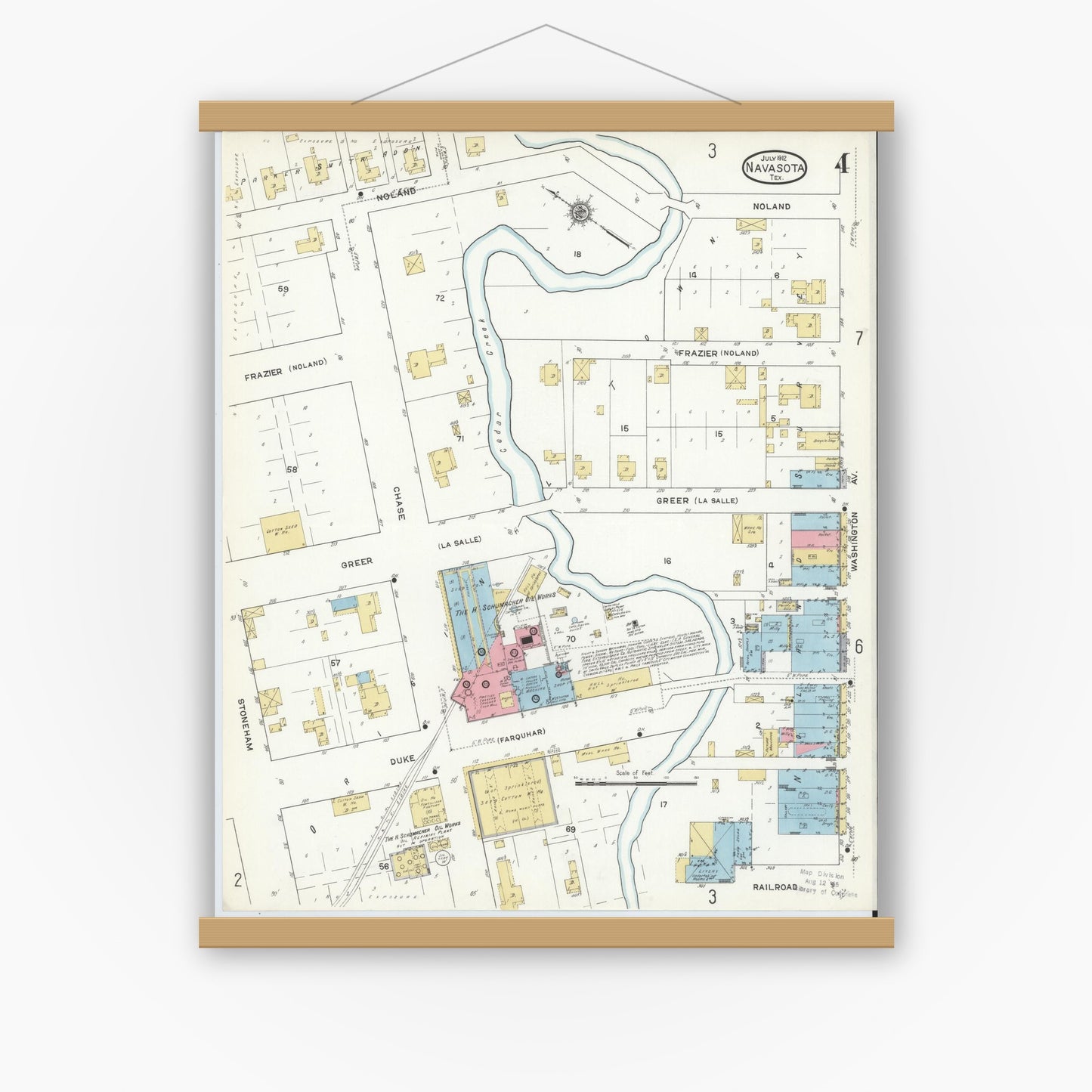Old map wall art mockup — magnetic wood frame on white wall — Sanborn Fire Insurance Map from Navasota, Grimes County, Texas (1912), Sheet #0004