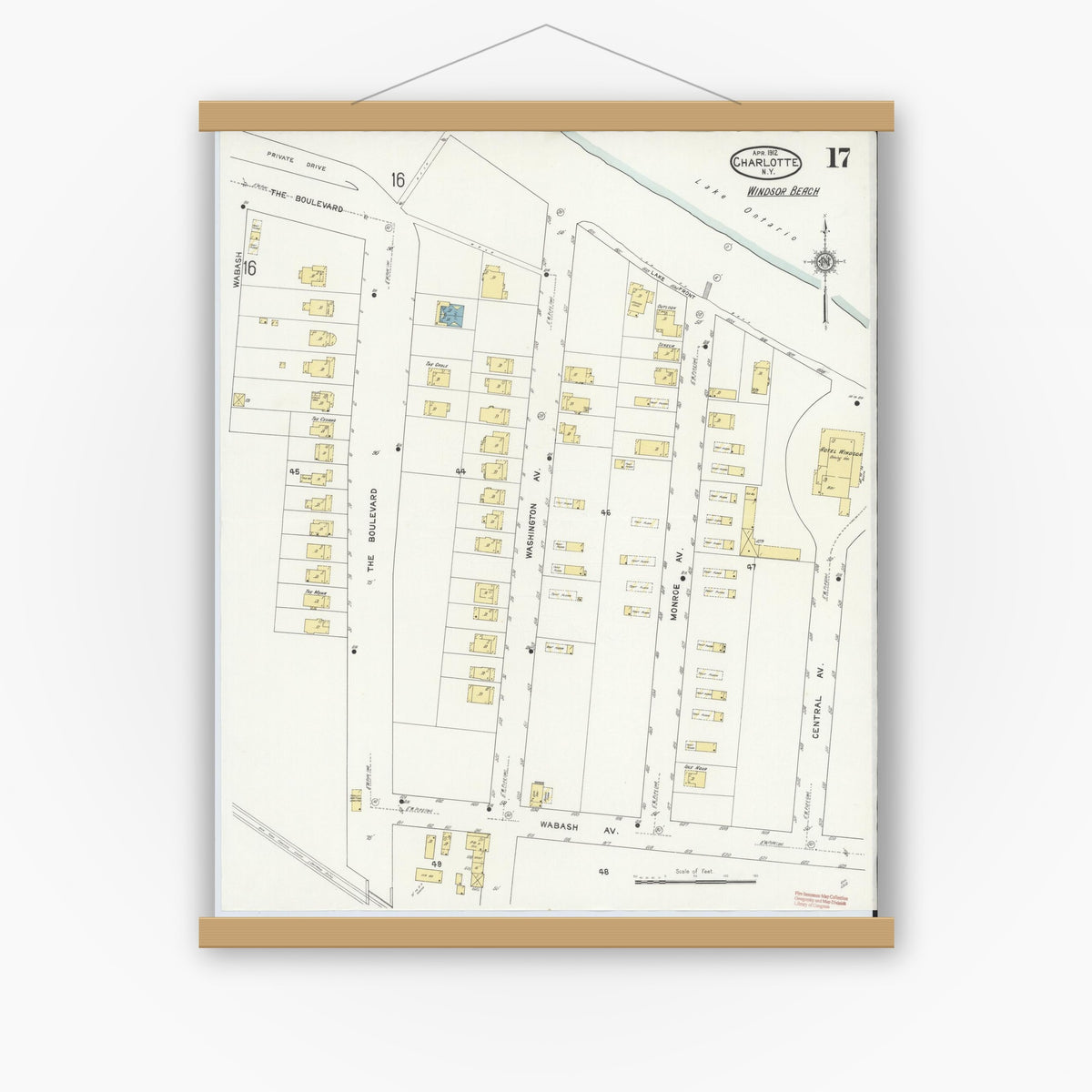 Old map wall art mockup — magnetic wood frame on white wall — Sanborn Fire Insurance Map from Charlotte, Monroe County, New York (1912), Sheet #0017