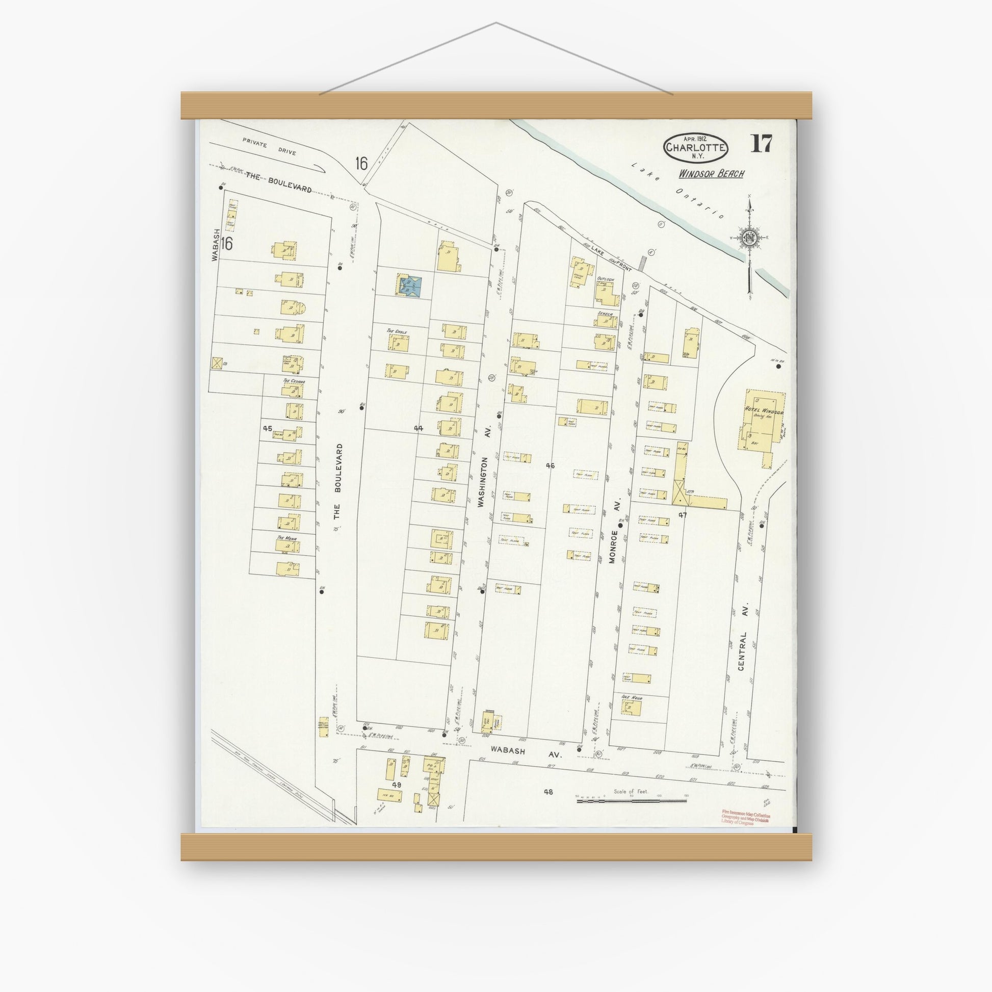 Old map wall art mockup — magnetic wood frame on white wall — Sanborn Fire Insurance Map from Charlotte, Monroe County, New York (1912), Sheet #0017