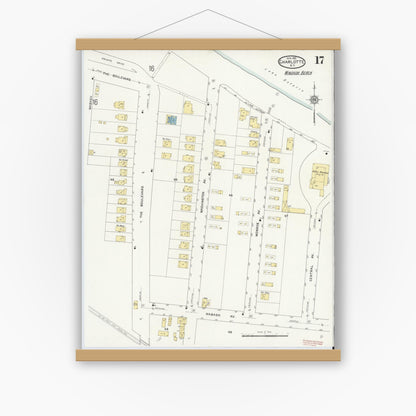 Old map wall art mockup — magnetic wood frame on white wall — Sanborn Fire Insurance Map from Charlotte, Monroe County, New York (1912), Sheet #0017