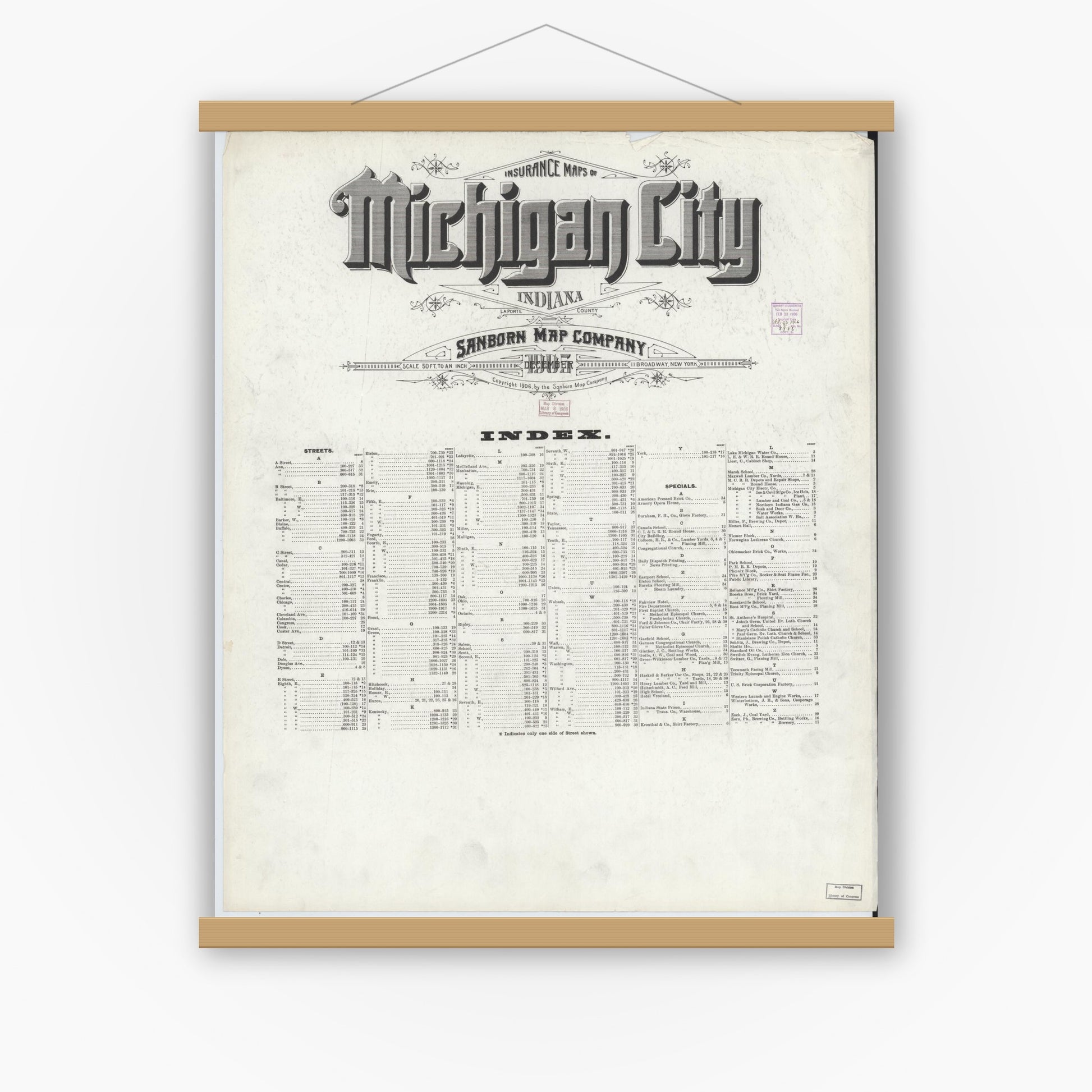 Old map wall art mockup — magnetic wood frame on white wall — Sanborn Fire Insurance Map from Michigan City, La Porte County, Indiana (1905), Sheet #0001