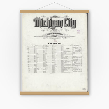 Old map wall art mockup — magnetic wood frame on white wall — Sanborn Fire Insurance Map from Michigan City, La Porte County, Indiana (1905), Sheet #0001