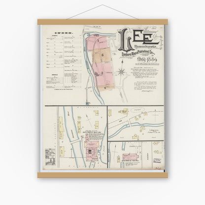 Old map wall art mockup — magnetic wood frame on white wall — Sanborn Fire Insurance Map from Lee, Berkshire County, Massachusetts (1889), Sheet #0001