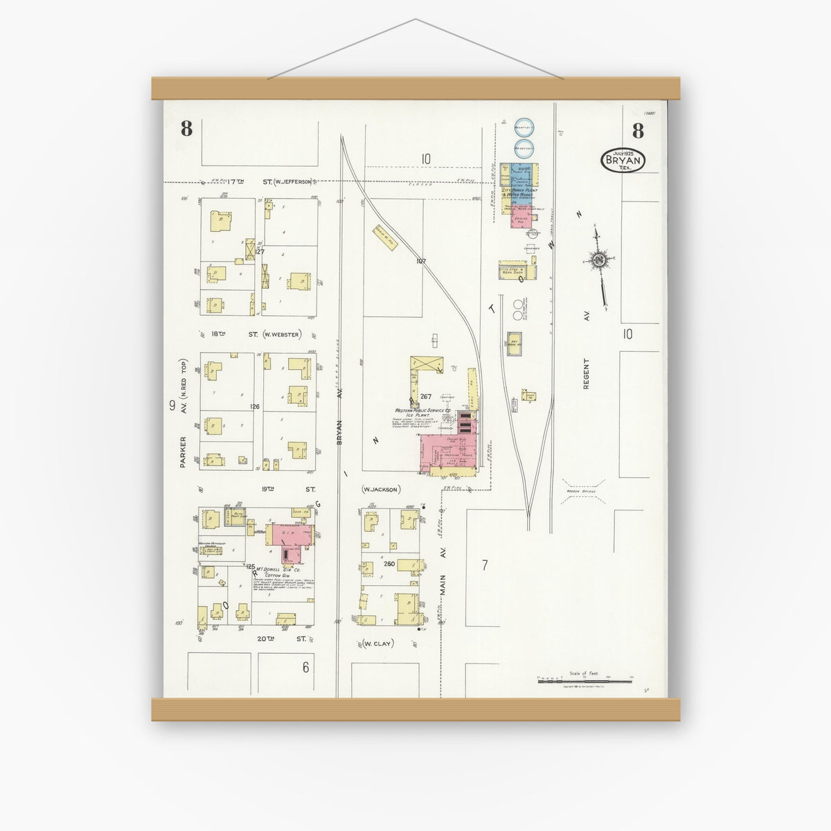 Old map wall art mockup — magnetic wood frame on white wall — Sanborn Fire Insurance Map from Bryan, Brazos County, Texas (1925), Sheet #0008