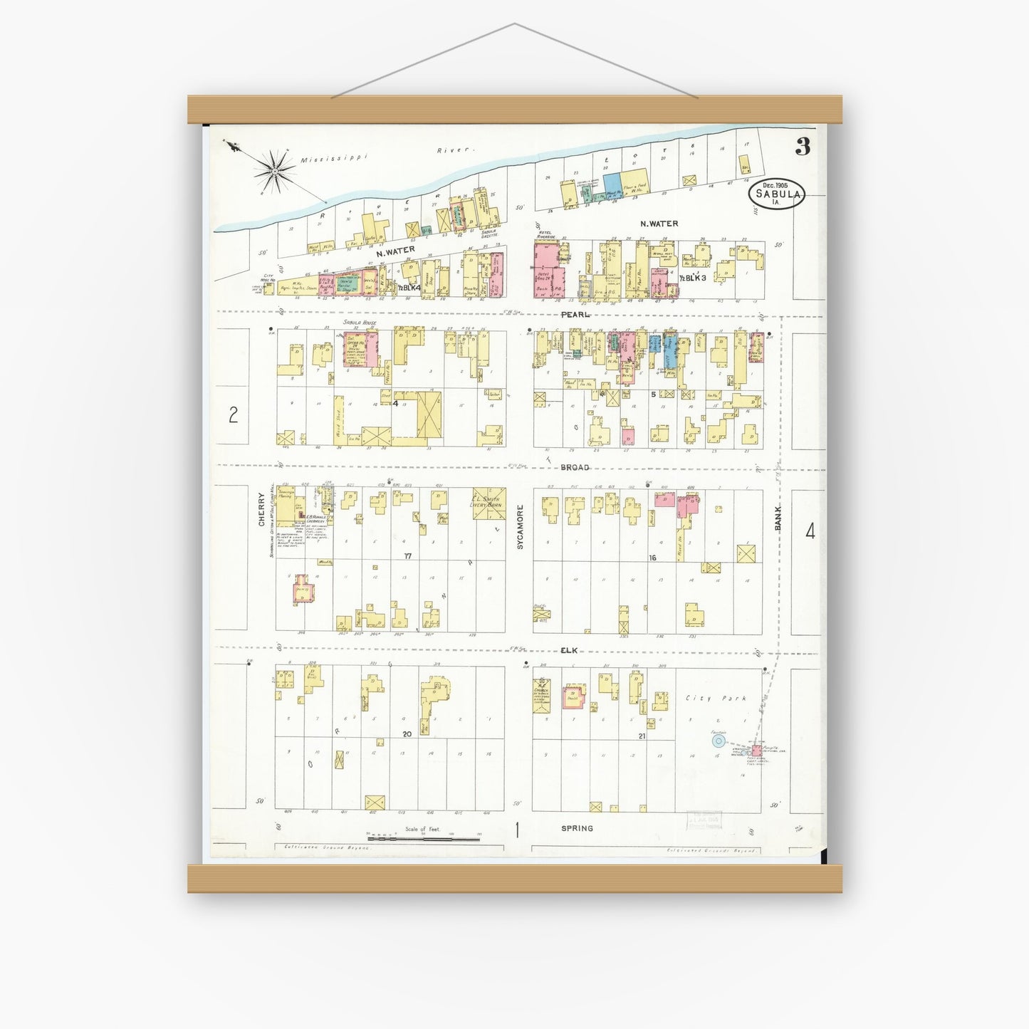 Old map wall art mockup — magnetic wood frame on white wall — Sanborn Fire Insurance Map from Sabula, Jackson County, Iowa (1905), Sheet #0003