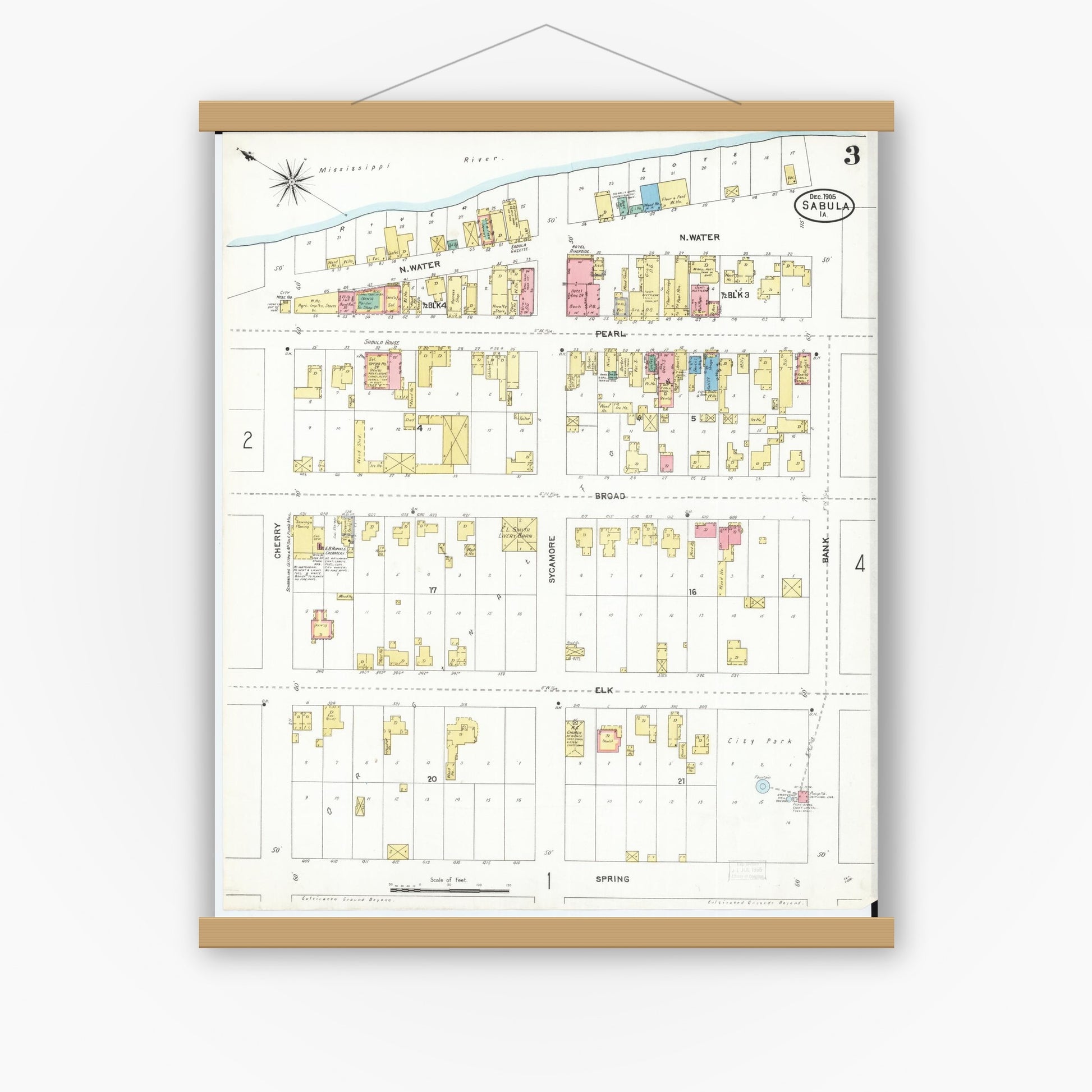 Old map wall art mockup — magnetic wood frame on white wall — Sanborn Fire Insurance Map from Sabula, Jackson County, Iowa (1905), Sheet #0003