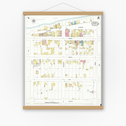 Old map wall art mockup — magnetic wood frame on white wall — Sanborn Fire Insurance Map from Sabula, Jackson County, Iowa (1905), Sheet #0003