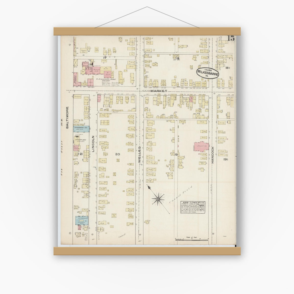 Old map wall art mockup — magnetic wood frame on white wall — Sanborn Fire Insurance Map from Wilkes Barre, Luzerne County, Pennsylvania (1884), Sheet #0015