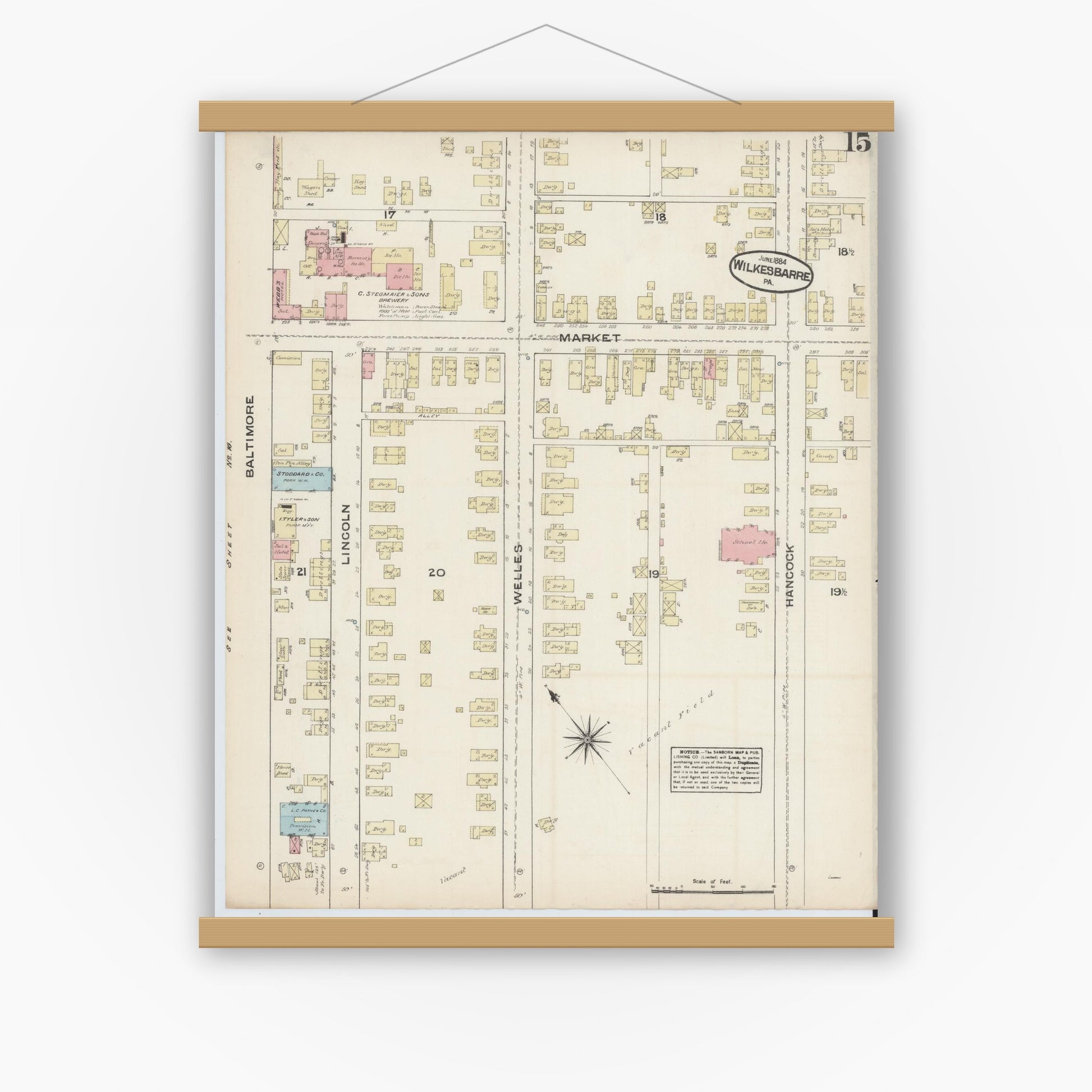 Old map wall art mockup — magnetic wood frame on white wall — Sanborn Fire Insurance Map from Wilkes Barre, Luzerne County, Pennsylvania (1884), Sheet #0015