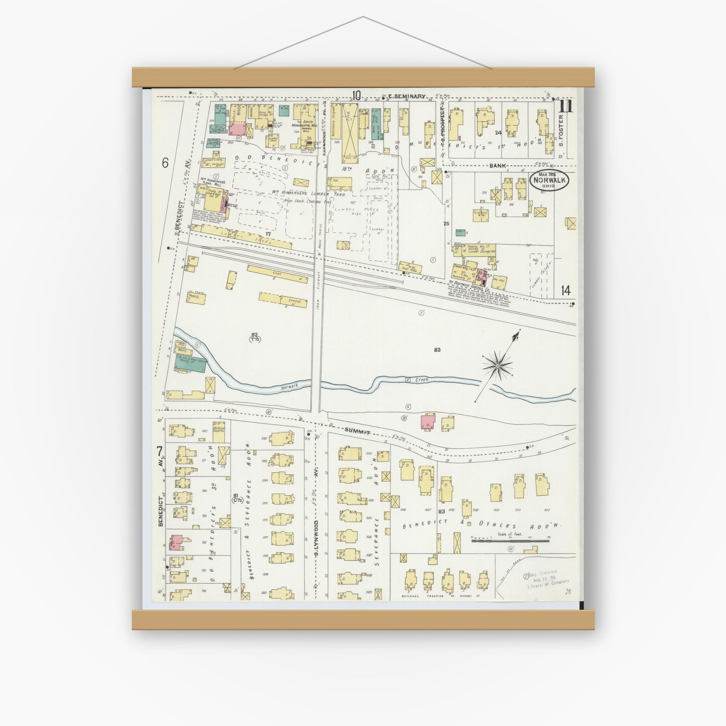 Old map wall art mockup — magnetic wood frame on white wall — Sanborn Fire Insurance Map from Norwalk, Huron County, Ohio (1906), Sheet #0011