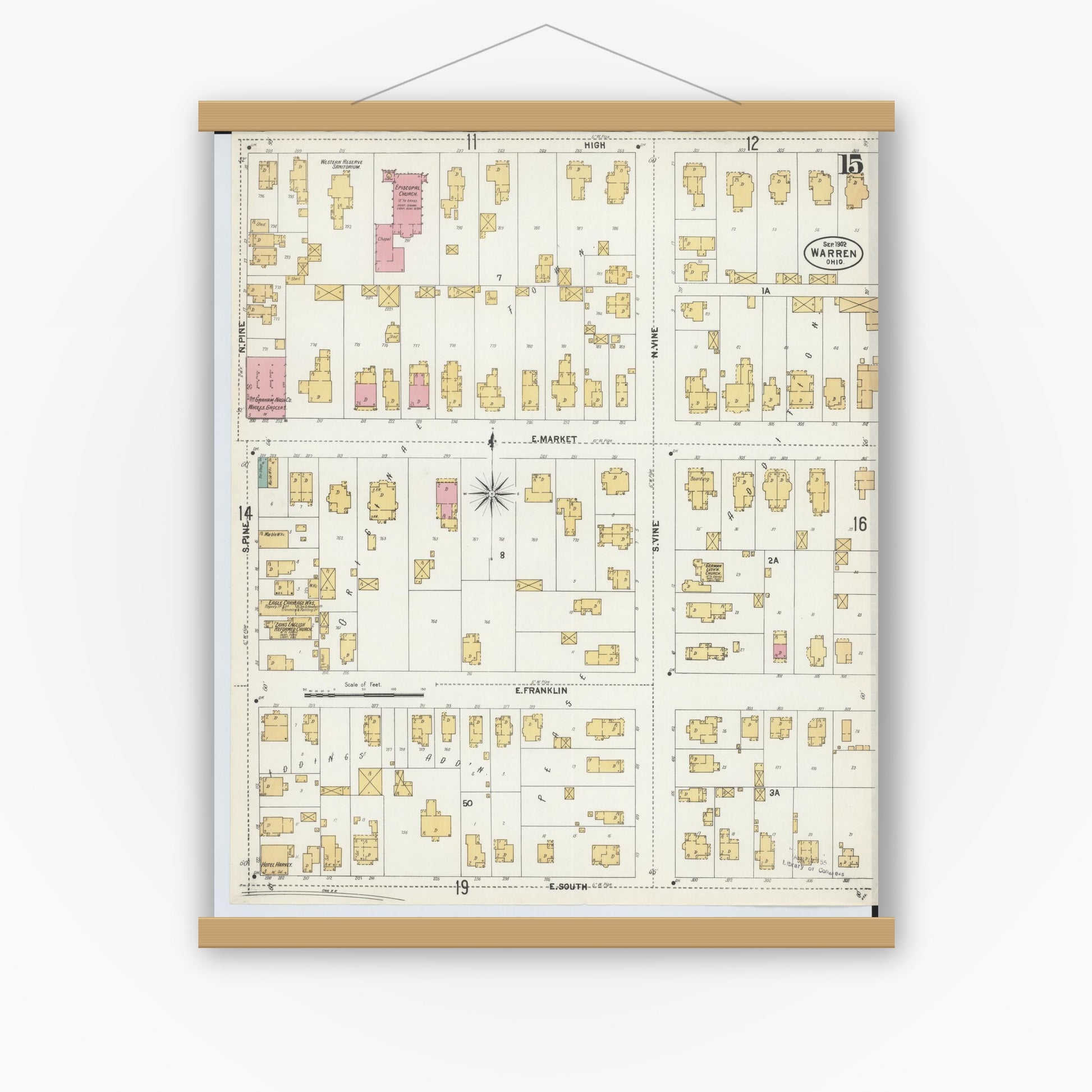 Old map wall art mockup — magnetic wood frame on white wall — Sanborn Fire Insurance Map from Warren, Trumbull County, Ohio (1902), Sheet #0015
