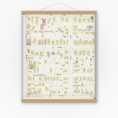 Old map wall art mockup — magnetic wood frame on white wall — Sanborn Fire Insurance Map from Warren, Trumbull County, Ohio (1902), Sheet #0015