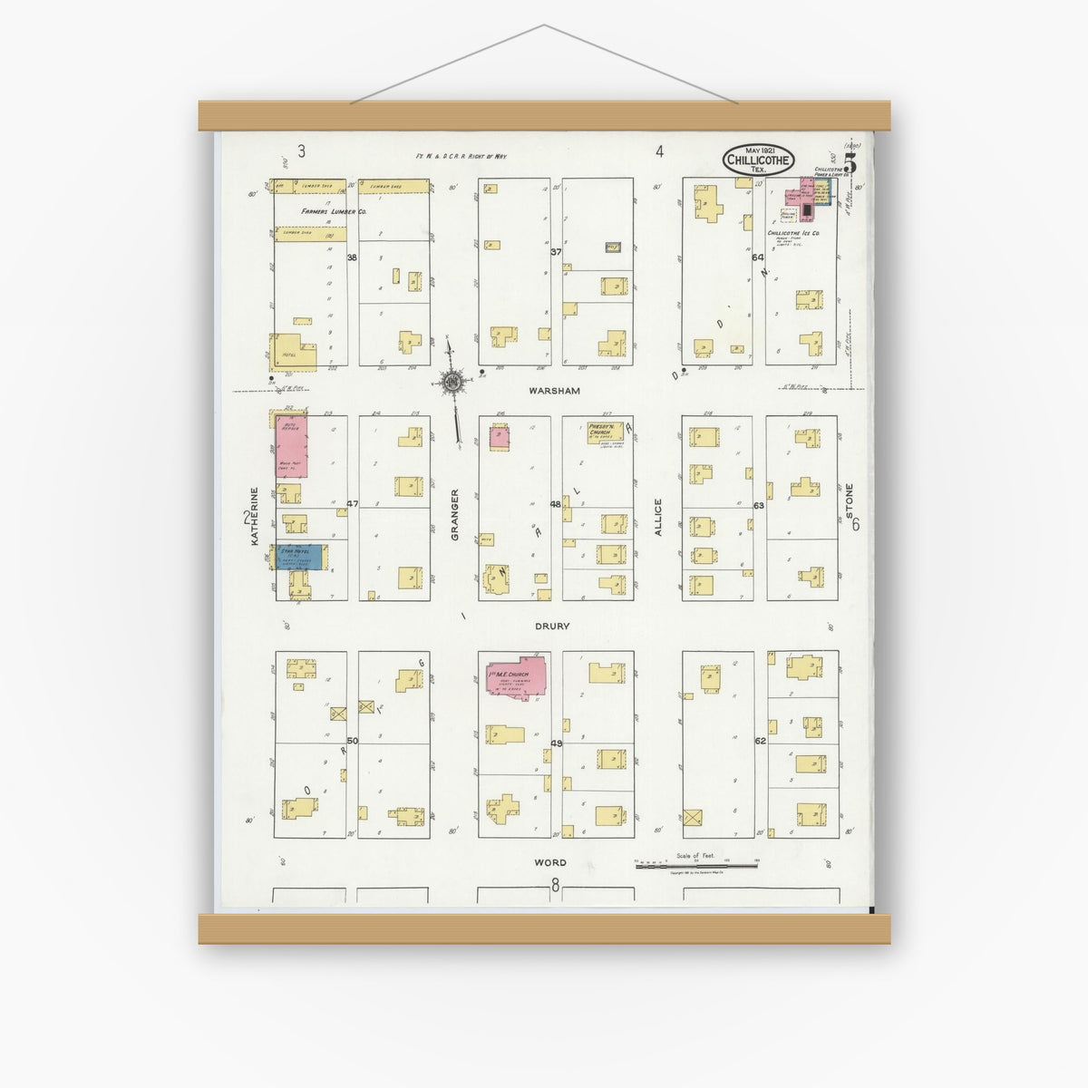 Old map wall art mockup — magnetic wood frame on white wall — Sanborn Fire Insurance Map from Chillicothe, Hardeman County, Texas (1921), Sheet #0005