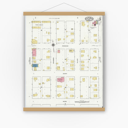 Old map wall art mockup — magnetic wood frame on white wall — Sanborn Fire Insurance Map from Chillicothe, Hardeman County, Texas (1921), Sheet #0005