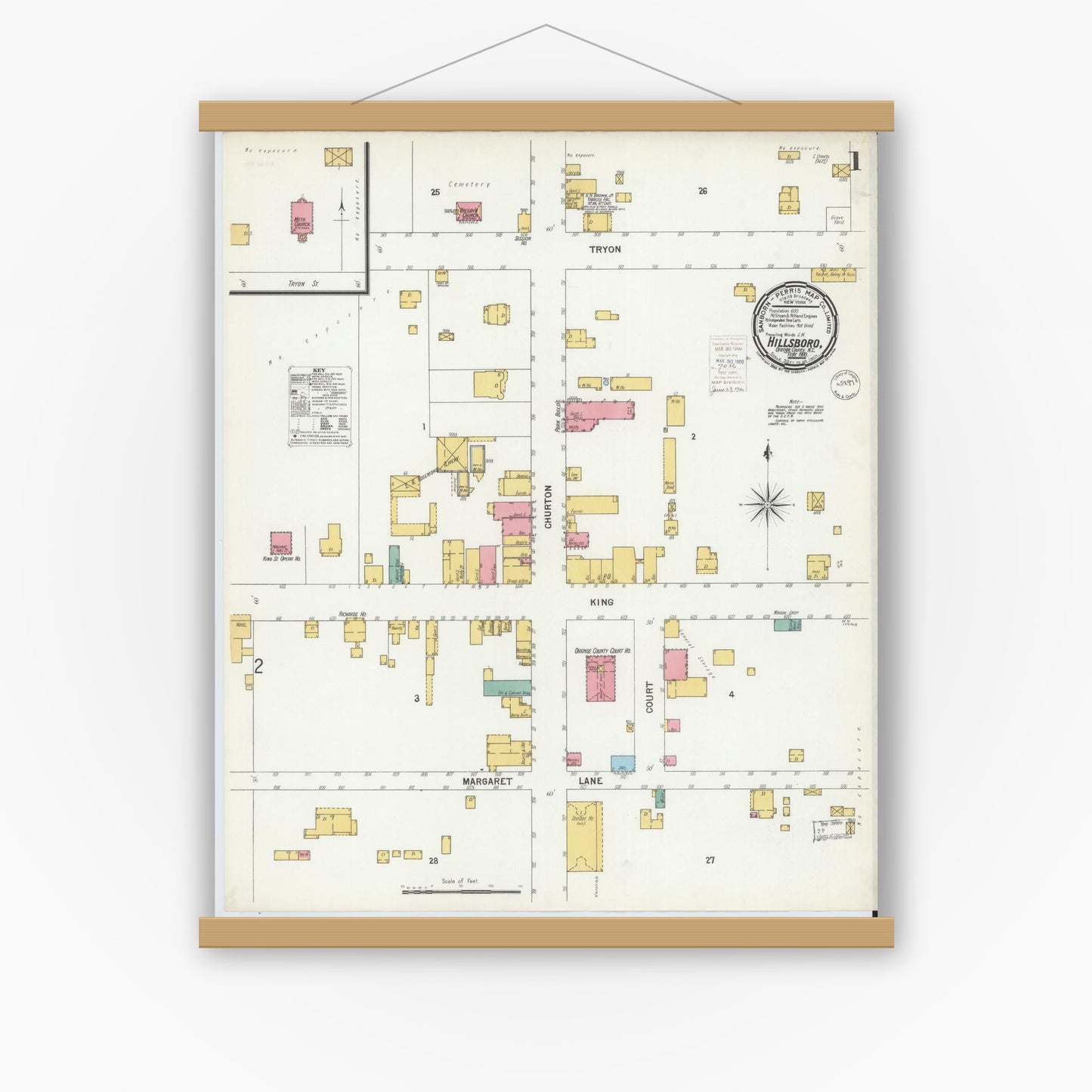 Old map wall art mockup — magnetic wood frame on white wall — Sanborn Fire Insurance Map from Hillsboro, Orange County, North Carolina (1900) - Complete Map Set