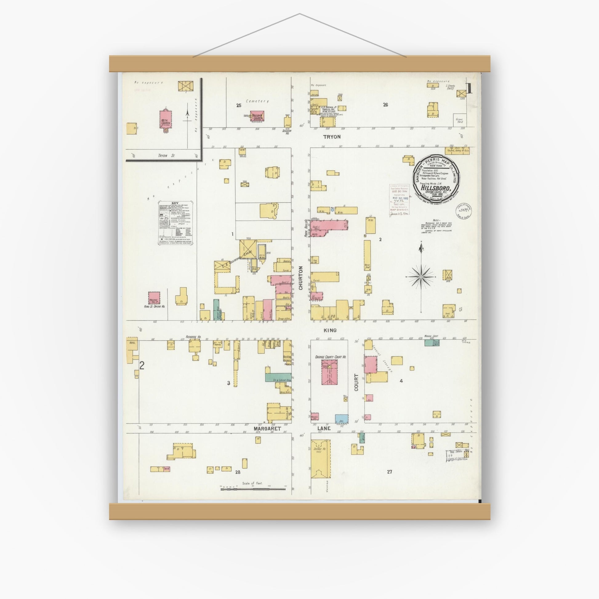 Old map wall art mockup — magnetic wood frame on white wall — Sanborn Fire Insurance Map from Hillsboro, Orange County, North Carolina (1900) - Complete Map Set