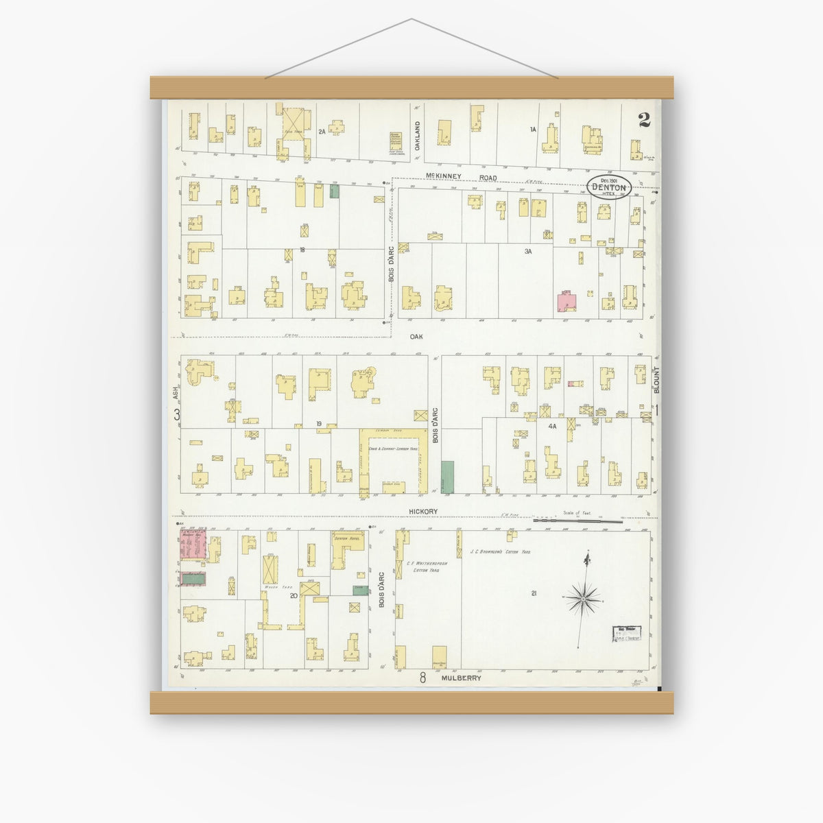 Old map wall art mockup — magnetic wood frame on white wall — Sanborn Fire Insurance Map from Denton, Denton County, Texas (1901), Sheet #0002