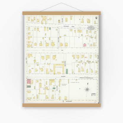 Old map wall art mockup — magnetic wood frame on white wall — Sanborn Fire Insurance Map from Denton, Denton County, Texas (1901), Sheet #0002