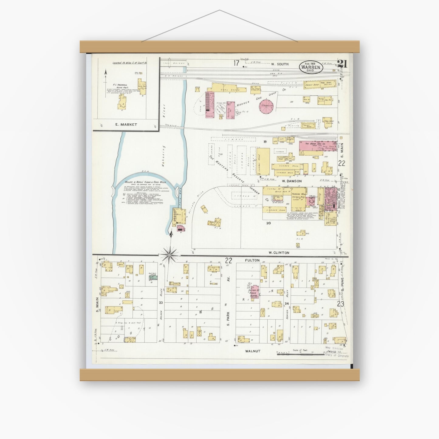 Old map wall art mockup — magnetic wood frame on white wall — Sanborn Fire Insurance Map from Warren, Trumbull County, Ohio (1908), Sheet #0021