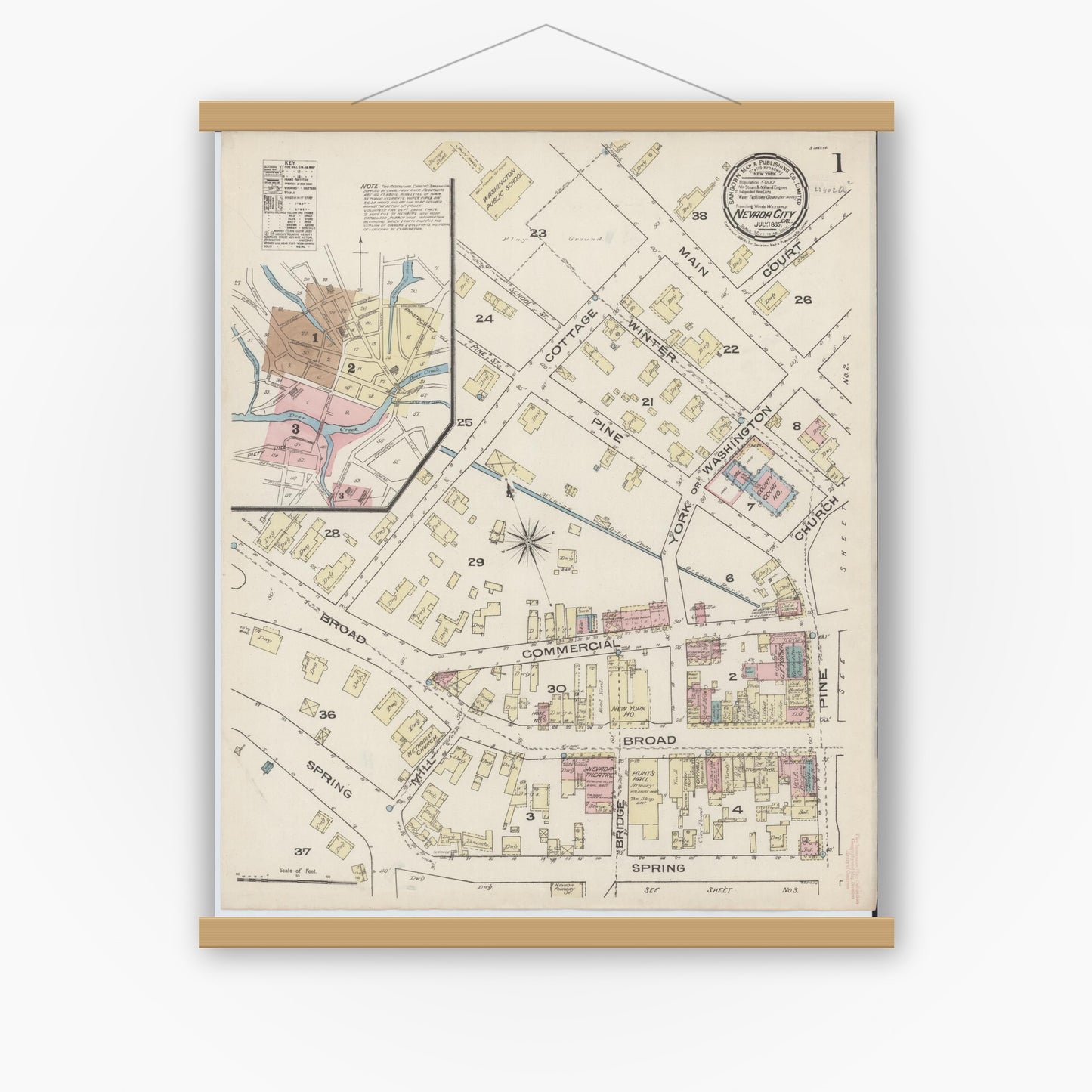 Old map wall art mockup — magnetic wood frame on white wall — Sanborn Fire Insurance Map from Nevada City, Nevada County, California (1885) - Complete Map Set